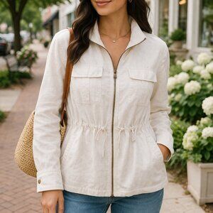 Ivory Linen Blend Utility Safari Jacket Lightweight Cinch Waist | Old Navy | L